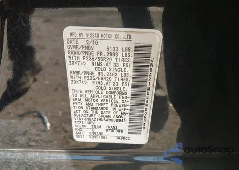 2010 Nissan Murano Le from USA, damaged, VIN JN8AZ1MU5AW008949